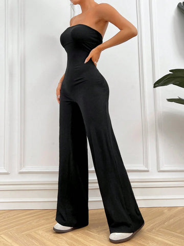 Casual Strapless Jumpsuit With Off-Shoulder Design, Black High-Waisted Bodycon Pants, Trendy