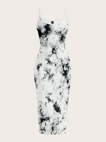 Casual Tie-Dye Pattern Solid Color Full-Length Bodycon Tank Dress, Suitable For Summer