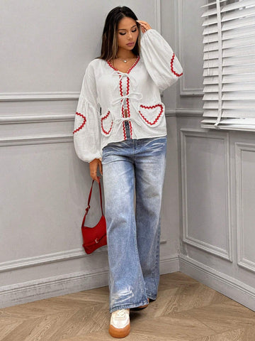 EZwear Casual White Heart Solid Tie-Front Puff Sleeve Blouse