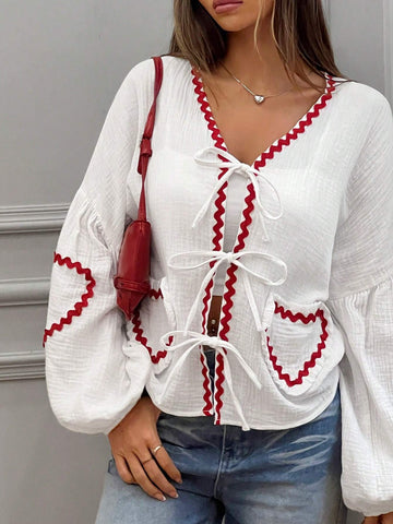 EZwear Casual White Heart Solid Tie-Front Puff Sleeve Blouse