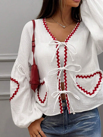 EZwear Casual White Heart Solid Tie-Front Puff Sleeve Blouse