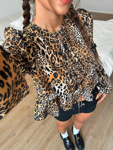 EZwear Chic Leopard Print Puff Sleeve Tie-Front Cropped Blouse, Spring/Fall