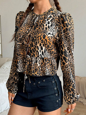 EZwear Chic Leopard Print Puff Sleeve Tie-Front Cropped Blouse, Spring/Fall