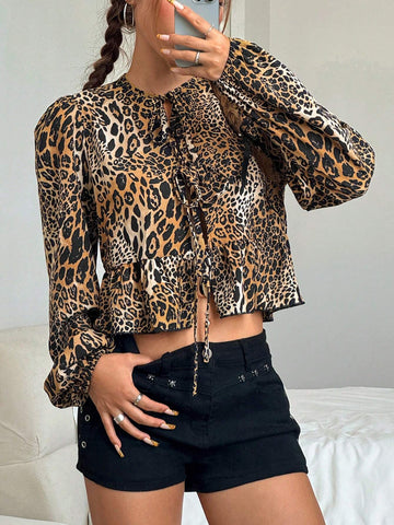 EZwear Chic Leopard Print Puff Sleeve Tie-Front Cropped Blouse, Spring/Fall