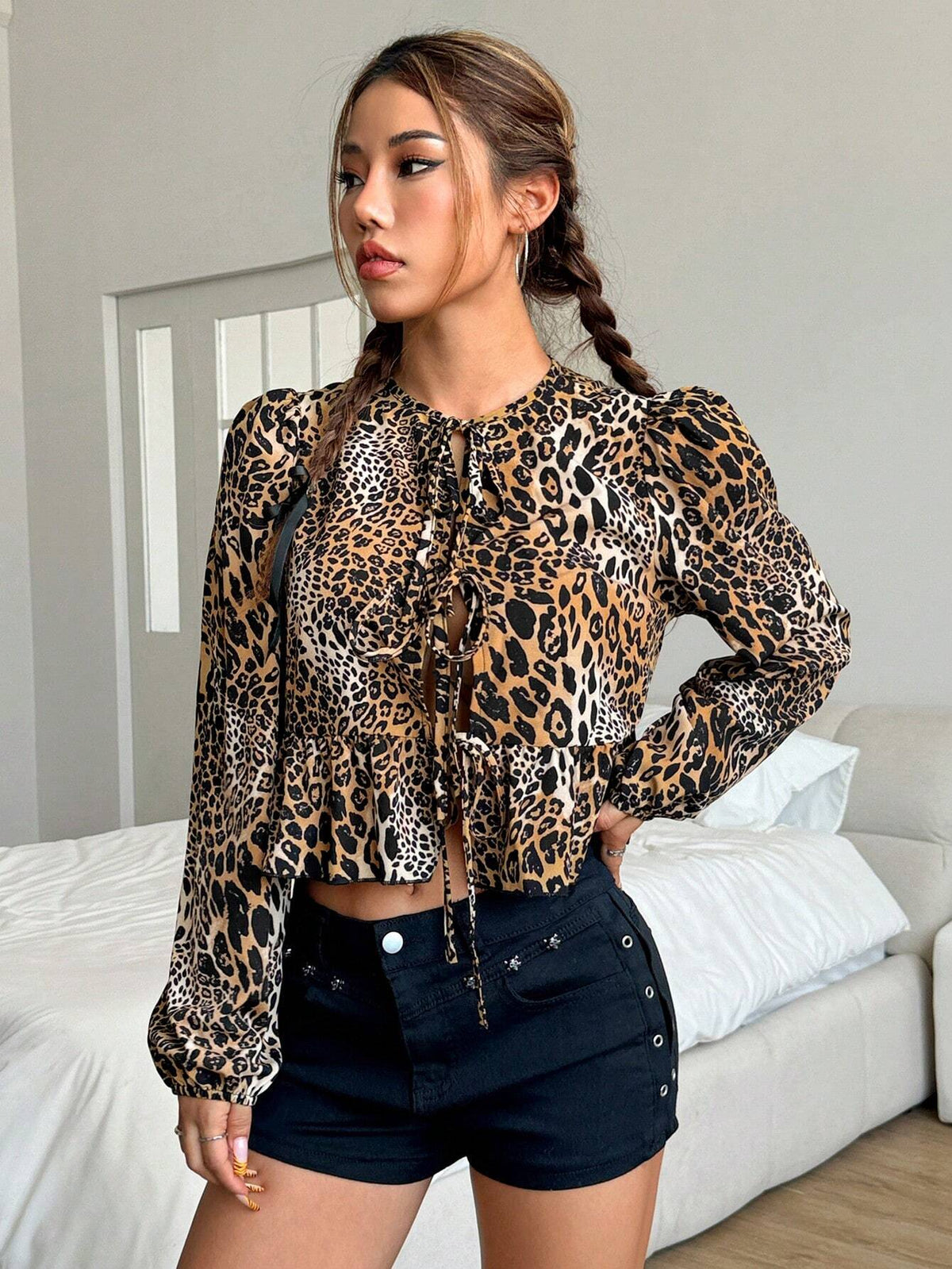 EZwear Chic Leopard Print Puff Sleeve Tie-Front Cropped Blouse, Spring/Fall
