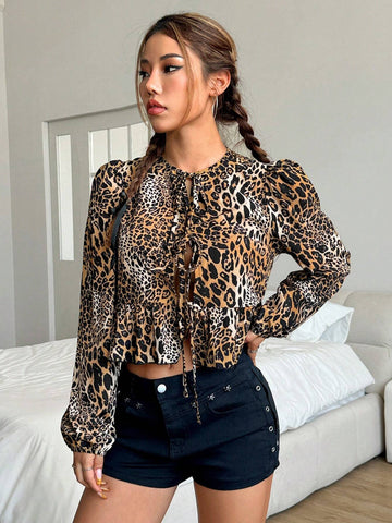 EZwear Chic Leopard Print Puff Sleeve Tie-Front Cropped Blouse, Spring/Fall