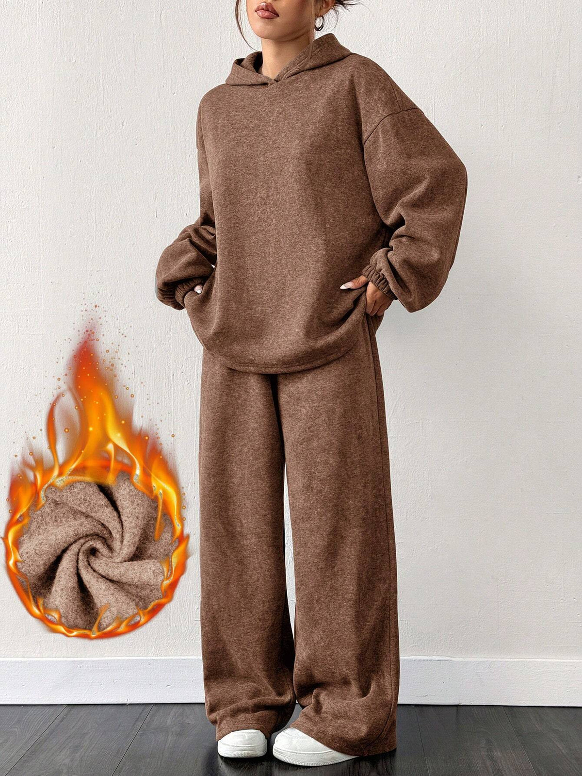 2pcs Set - Oversized Black Thermal Lined Raglan Hoodie & Wide-Leg Sweatpants