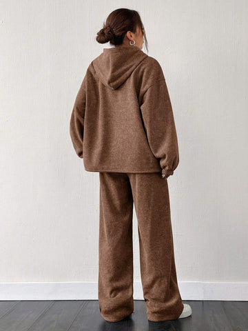 2pcs Set - Oversized Black Thermal Lined Raglan Hoodie & Wide-Leg Sweatpants