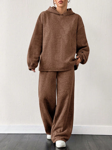 2pcs Set - Oversized Black Thermal Lined Raglan Hoodie & Wide-Leg Sweatpants