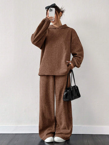 2pcs Set - Oversized Black Thermal Lined Raglan Hoodie & Wide-Leg Sweatpants