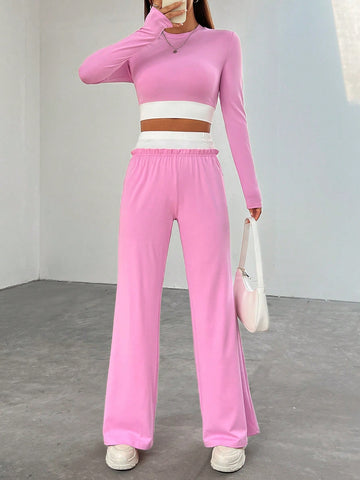 Color Block Crop Top And Long Pants Two Piece Set