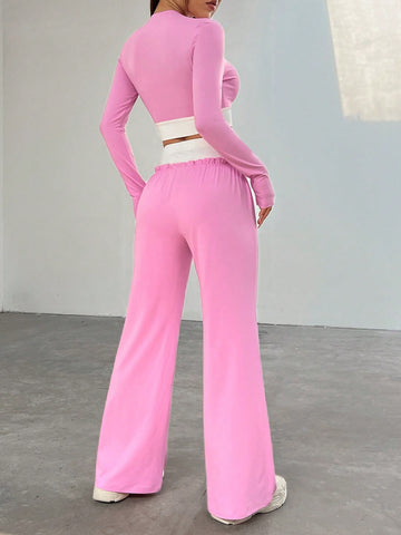 Color Block Crop Top And Long Pants Two Piece Set