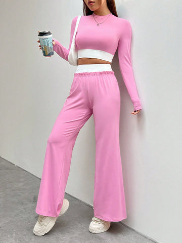 Color Block Crop Top And Long Pants Two Piece Set