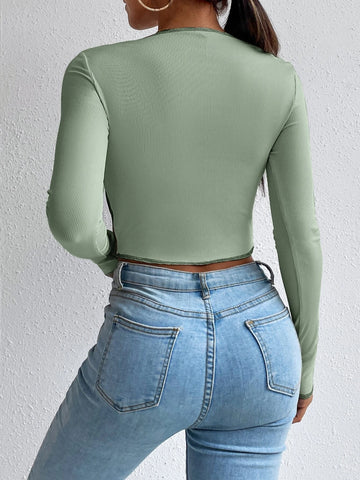 Color Block Top-stitching Square Neck Crop Tee