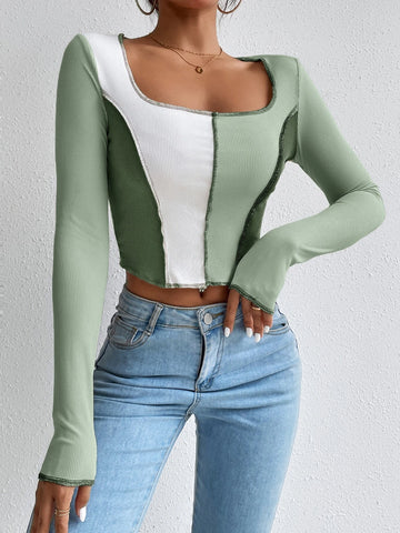 Color Block Top-stitching Square Neck Crop Tee