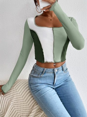 Color Block Top-stitching Square Neck Crop Tee
