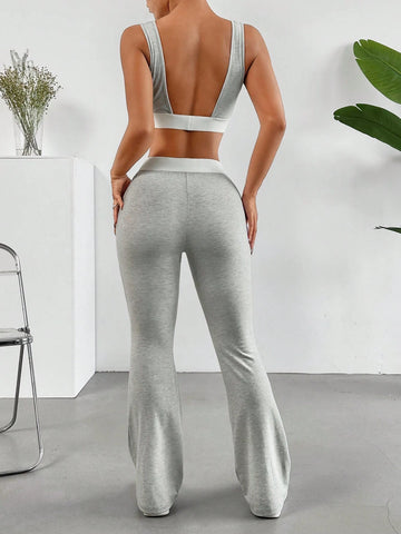Color Block V-Neck Camisole Top With Flared Leg Sports Pants Two Piece Set