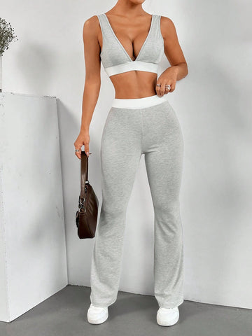 Color Block V-Neck Camisole Top With Flared Leg Sports Pants Two Piece Set