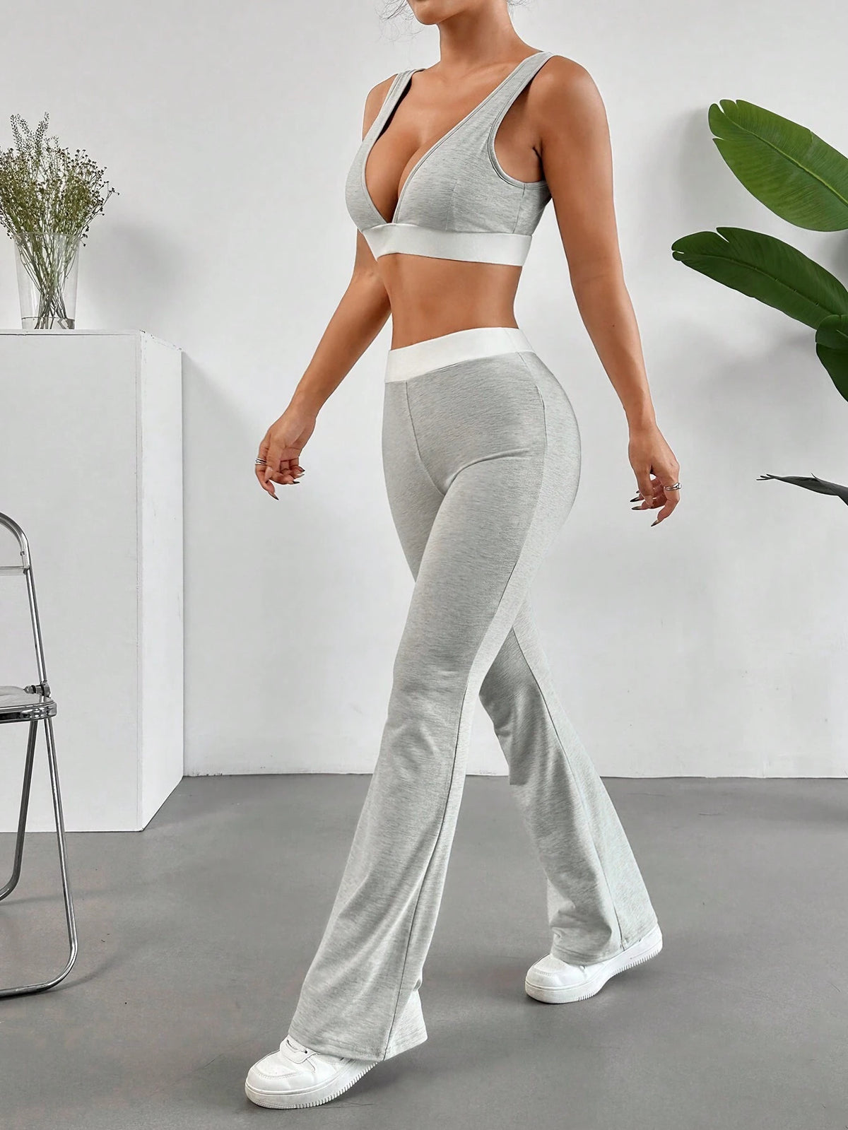 Color Block V-Neck Camisole Top With Flared Leg Sports Pants Two Piece Set