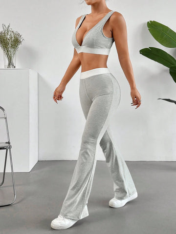 Color Block V-Neck Camisole Top With Flared Leg Sports Pants Two Piece Set