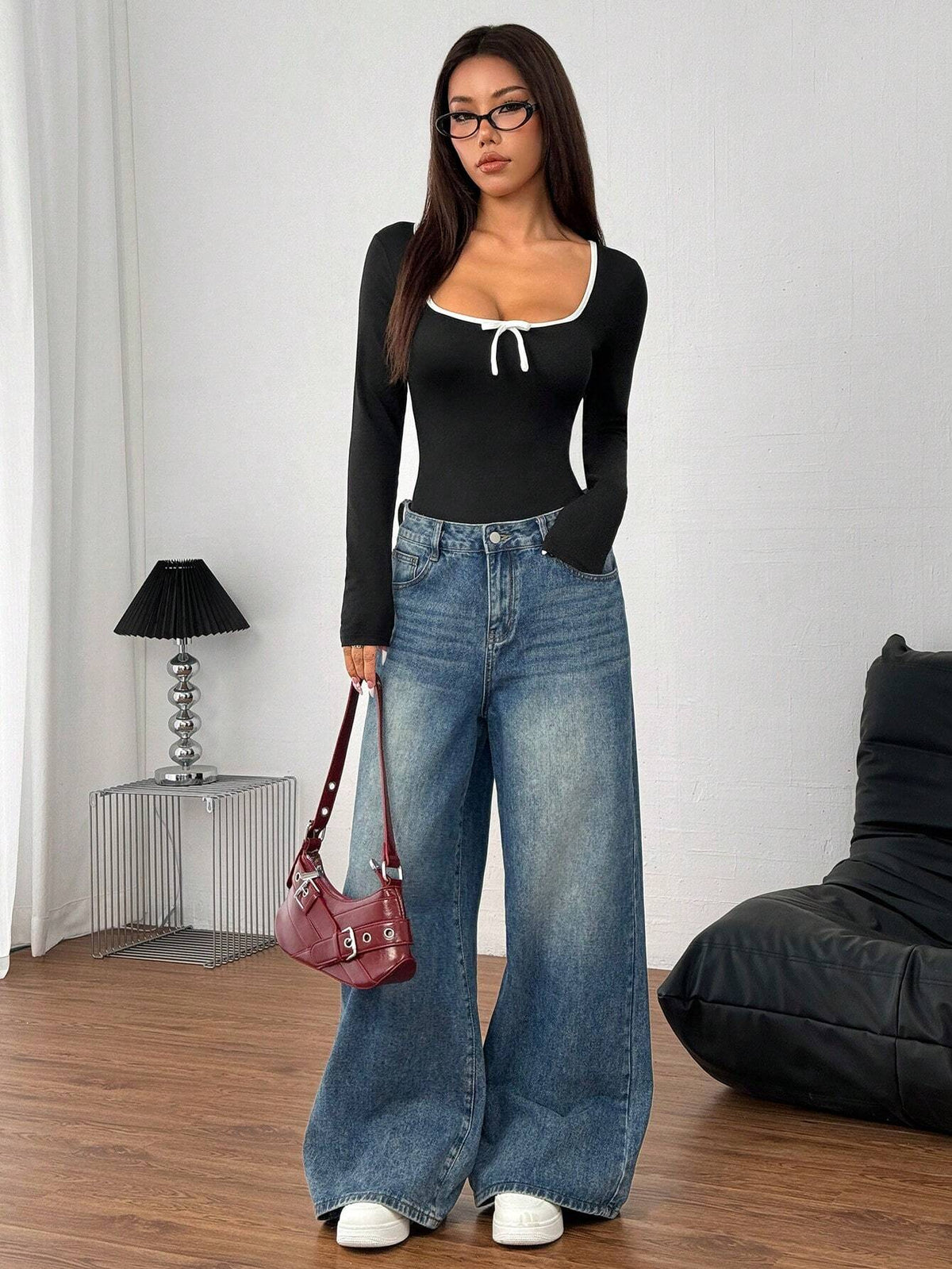 Colorblock Elastic Bodysuit, Long Sleeve Women's Autumn Bodysuit