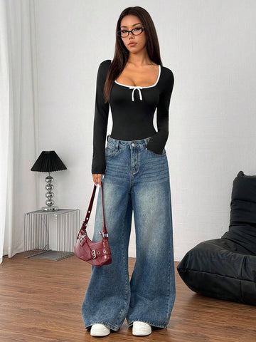 Colorblock Elastic Bodysuit, Long Sleeve Women's Autumn Bodysuit