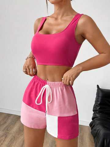 Colorblock Knitted Women Casual Vest Set