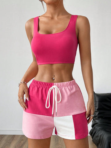 Colorblock Knitted Women Casual Vest Set