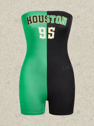 Colorblock Letter & Number Print Tube Unitard Romper