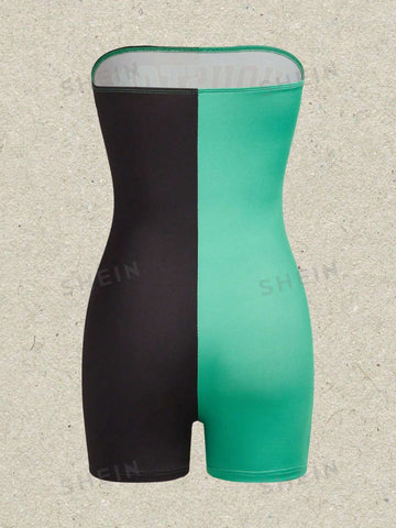 Colorblock Letter & Number Print Tube Unitard Romper