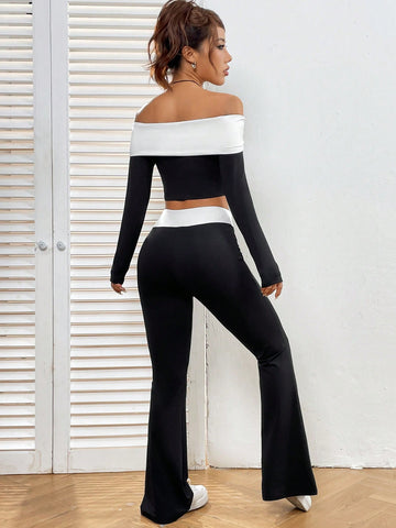 Contrast-Trim Knitted Flare Pants Set