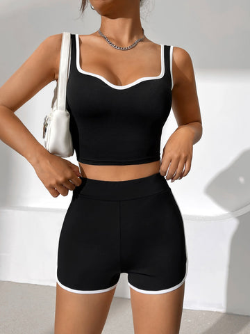 Contrast Binding Crop Tank Top & Biker Shorts