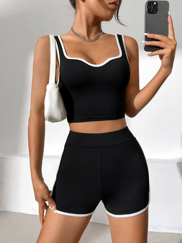 Contrast Binding Crop Tank Top & Biker Shorts