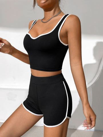 Contrast Binding Crop Tank Top & Biker Shorts