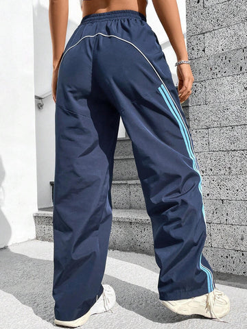 EZwear Contrast Color Rolled Hem Drawstring Waist Long Pants