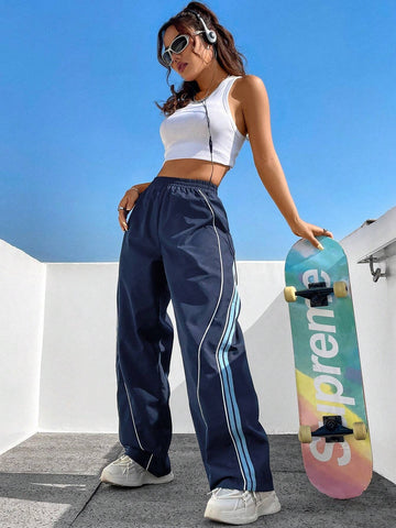 EZwear Contrast Color Rolled Hem Drawstring Waist Long Pants