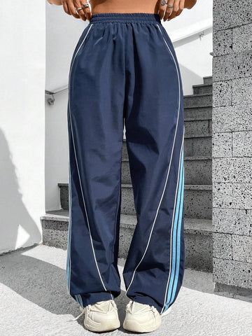 EZwear Contrast Color Rolled Hem Drawstring Waist Long Pants