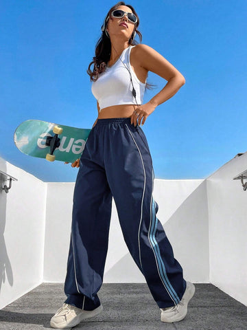 EZwear Contrast Color Rolled Hem Drawstring Waist Long Pants