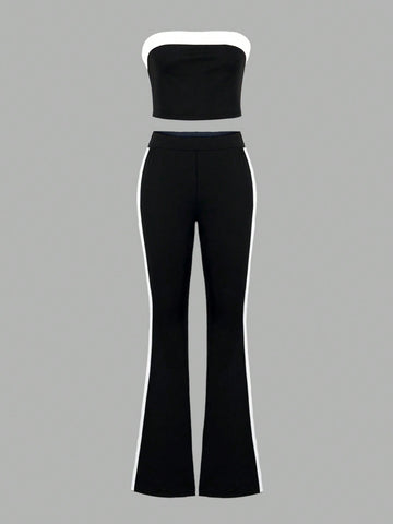 Contrast Color Tube Top And Flare Leg Pants 2pcs Set