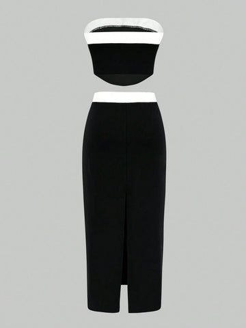 Contrast Color Tube Top And Skirt Two-Piece Set