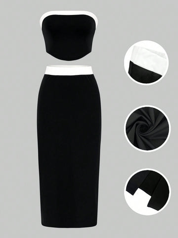 Contrast Color Tube Top And Skirt Two-Piece Set