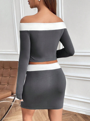 Contrast Panel Off-Shoulder Knotted Side Top And Skirt Gray Knitted Set