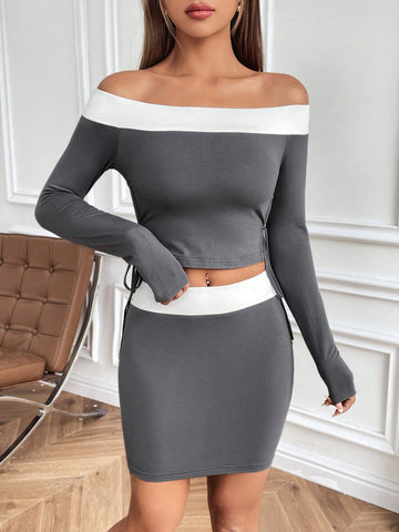 Contrast Panel Off-Shoulder Knotted Side Top And Skirt Gray Knitted Set