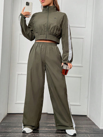 Contrast Side Seam Raglan Sleeve Crop Jacket & Wide Leg Pants