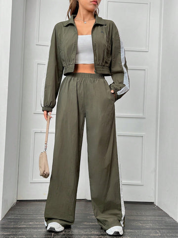 Contrast Side Seam Raglan Sleeve Crop Jacket & Wide Leg Pants