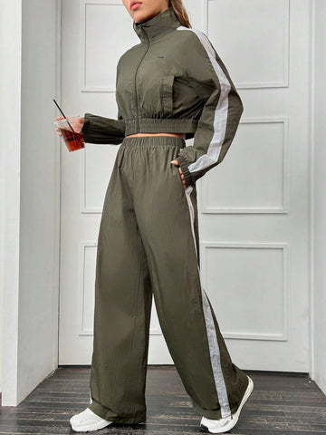 Contrast Side Seam Raglan Sleeve Crop Jacket & Wide Leg Pants