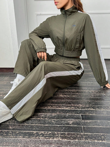 Contrast Side Seam Raglan Sleeve Crop Jacket & Wide Leg Pants