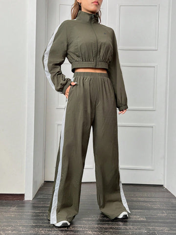 Contrast Side Seam Raglan Sleeve Crop Jacket & Wide Leg Pants