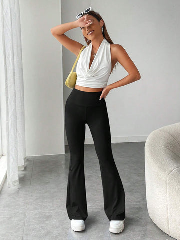 EZwear Coquette Solid Flare Leg Black Pants