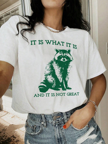 EZwear Crew Neck Short Sleeve Animal Letter Print T-Shirt, Casual Everyday Wear